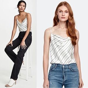 NWT L’AGENCE Silk Striped Ivory &‎ Navy Satin Draped Cowl Neck Camisole Tank XS